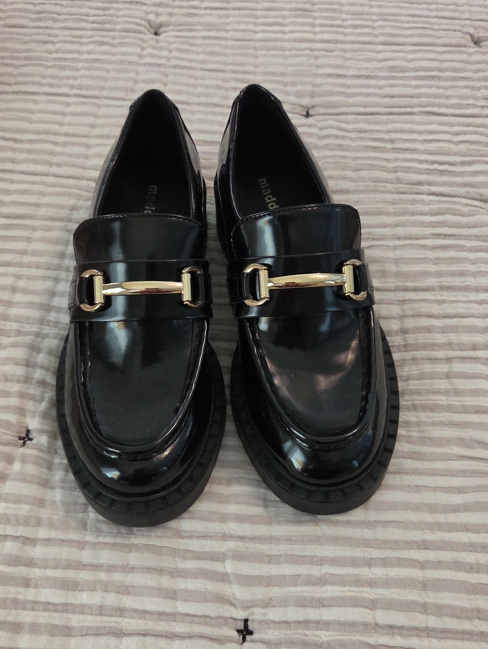 Madden Girl Black Patent Loafers with Gold Hardware